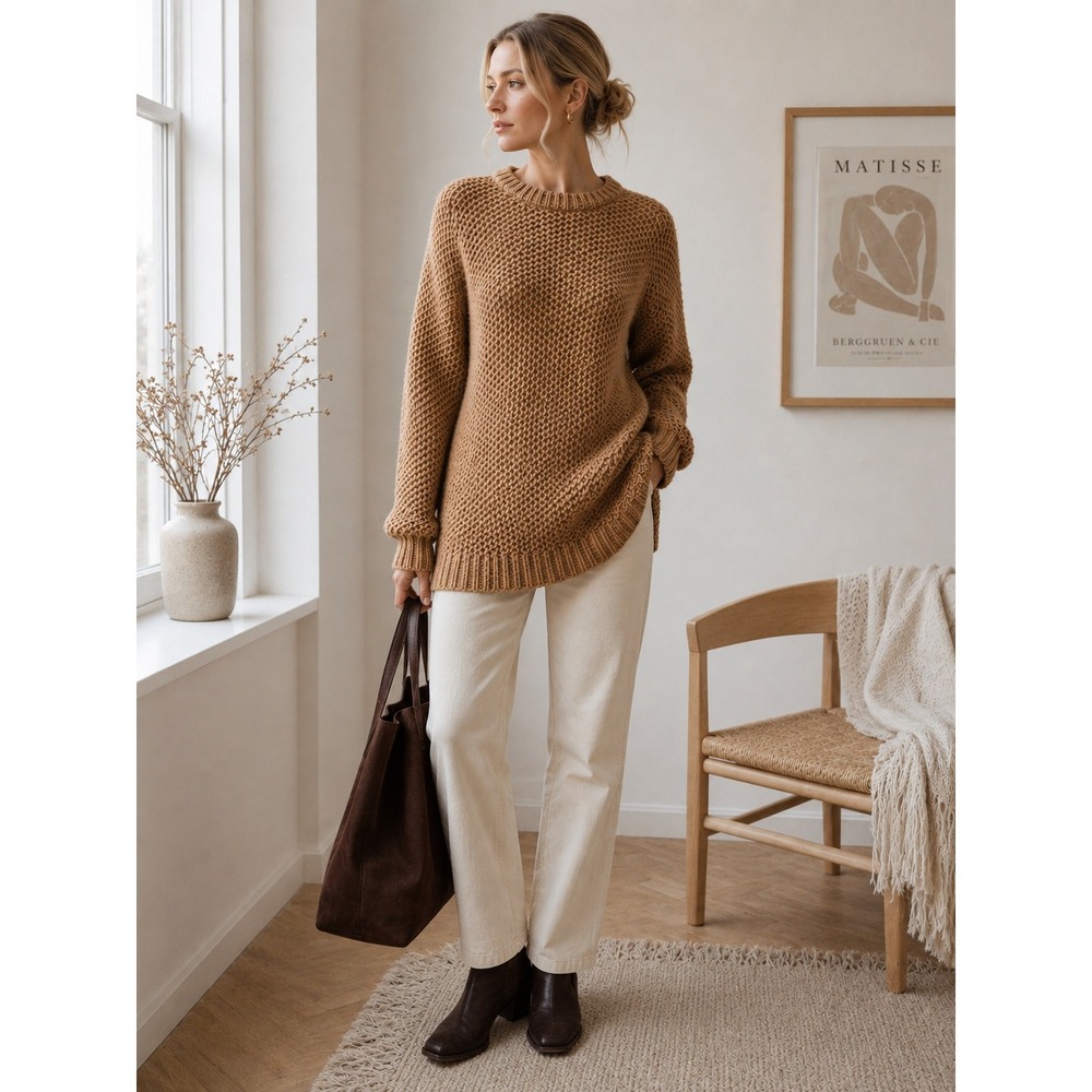 Club Monaco Italian Yarn Camel Merino Wool Blend Sweater S Skandi Fisherman Chic - Picture 1 of 10